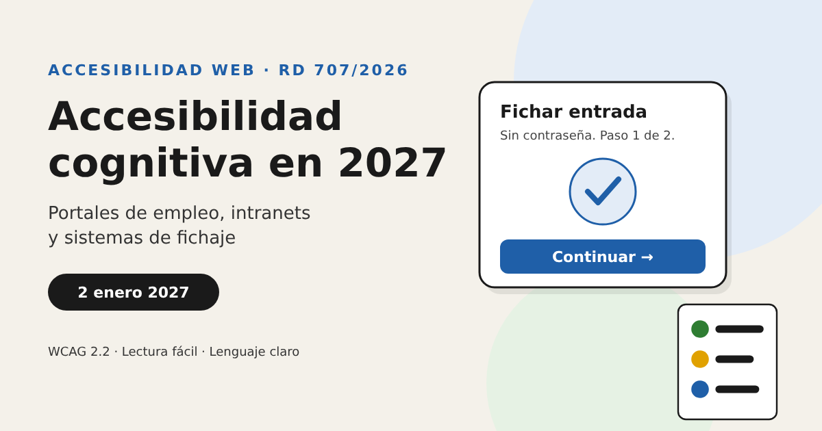 Ilustración de una pantalla para fichar la entrada sin contraseña junto al título Accesibilidad cognitiva en 2027